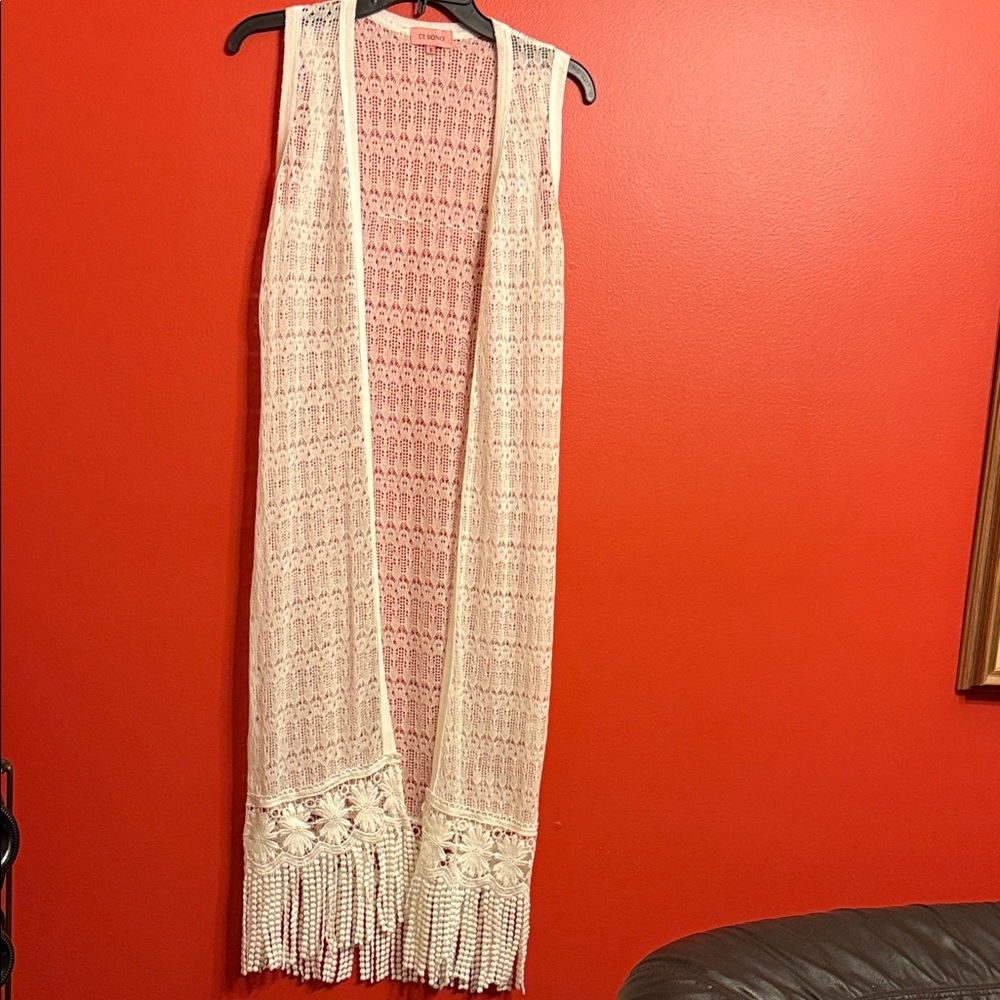 Ci Sono Cream Crochet Vest with Fringe